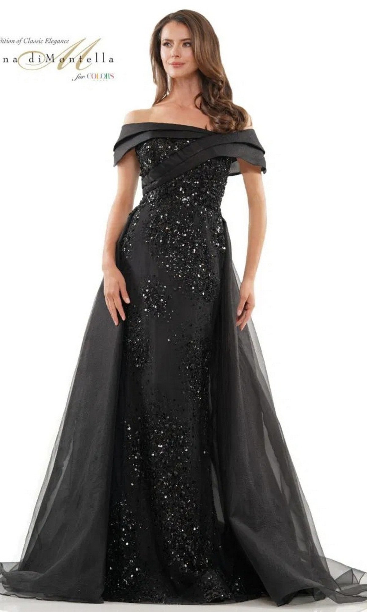 A woman in the elegant black Long Formal Dress: Rina Di Montella RD2816.